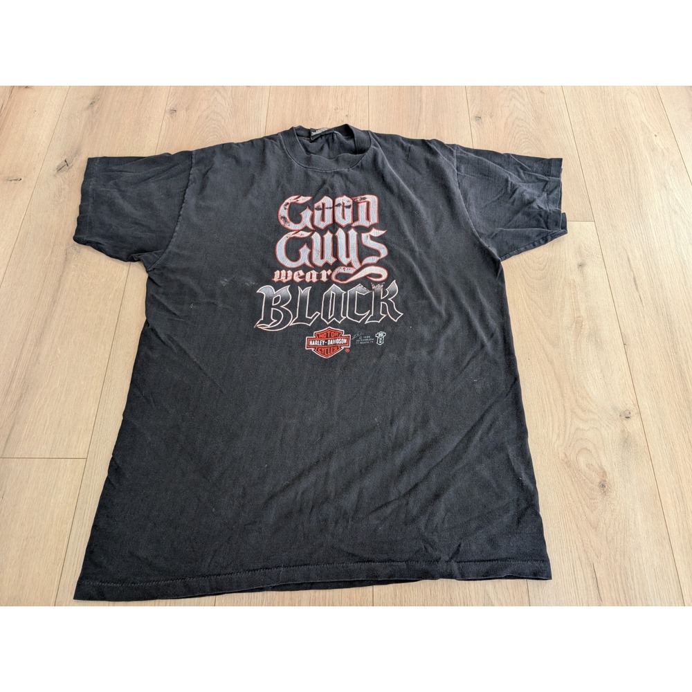 Vintage 80s Harley 3d Emblem Shirt "Good Guys Wear Black" Dubuque Iowa XL